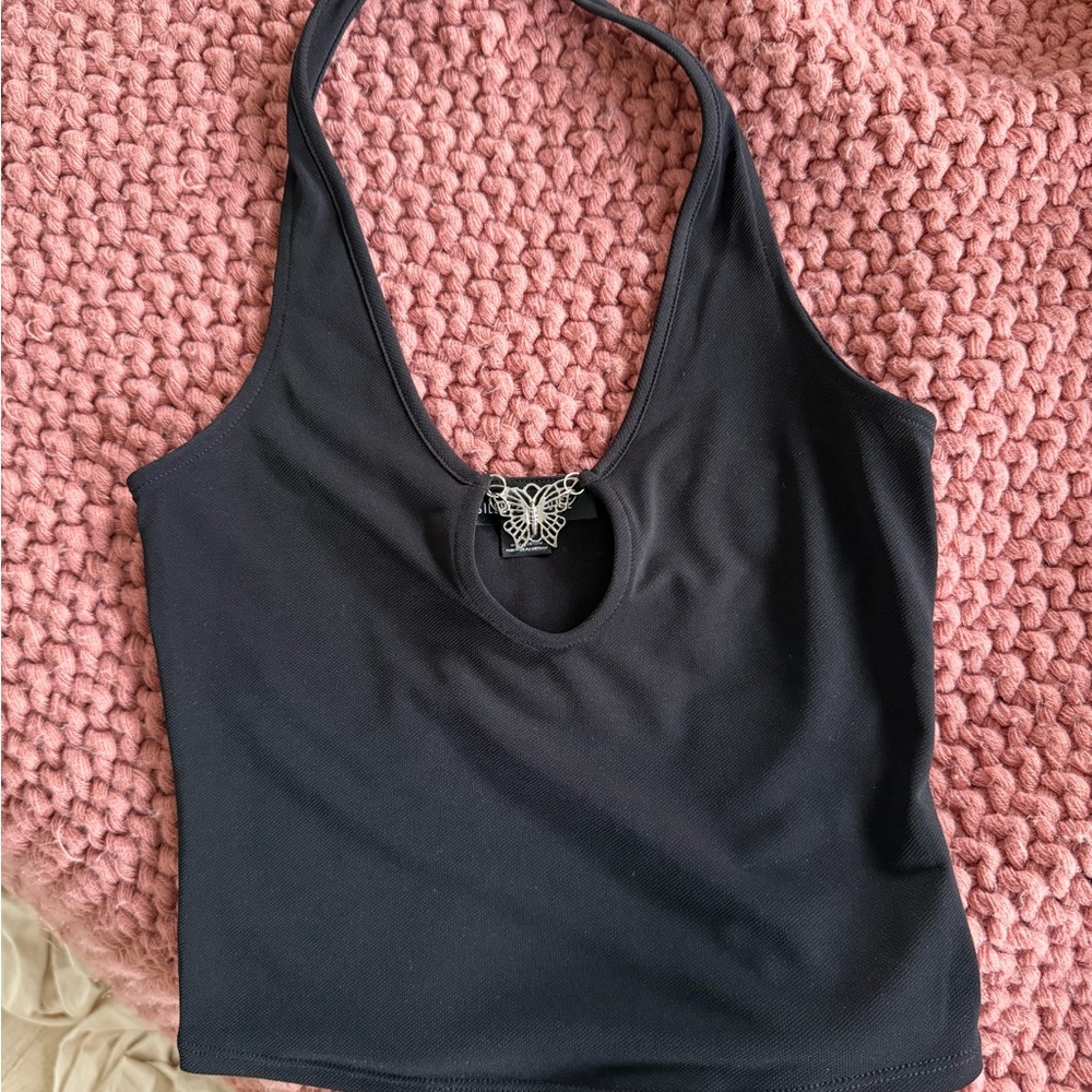 Black Top with Silver Butterfly Accent